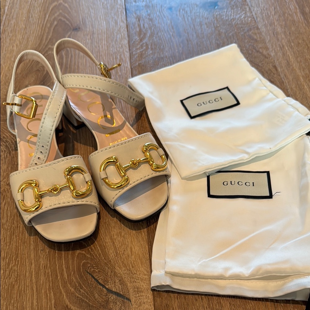 Gucci Cream Leather Horsebit Slingback Heels